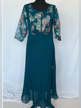 Teal Floral Embroidered Pleated Maxi Dress/ Gown
